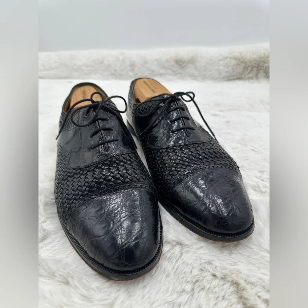 Mezlan Black Acapulco‎ Genuine Crocodile Cap Toe Woven Leather Oxford shoes 10.5